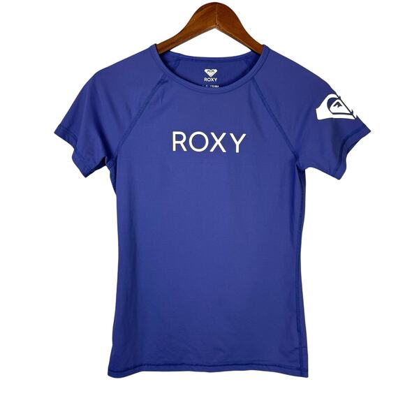 ROXY Youth Girls Blue UPF 50 Short Sleeve Logo Swimsuit Surf Top Rashguard - Picture 8 of 11